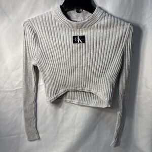 Calvin Klein Jeans Ribbed Cropped Mock Neck Sweater Women's Gray Long Sleeve S